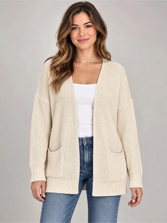 Universal Thread Sweaters - Universal Thread Open Front Waffle Knit Cardigan Cream Medium